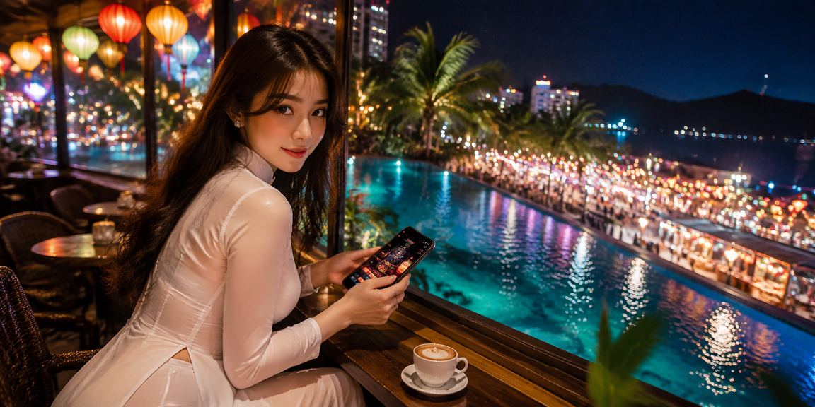 Người phụ nữ mặc áo dài truy cập cá cược trực tuyến tại Nha Trang buổi tối